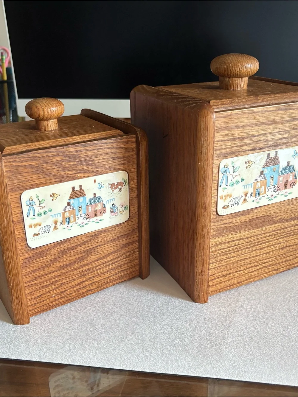 Vintage heartland village Wood Canister Set with Country Scene Tiles